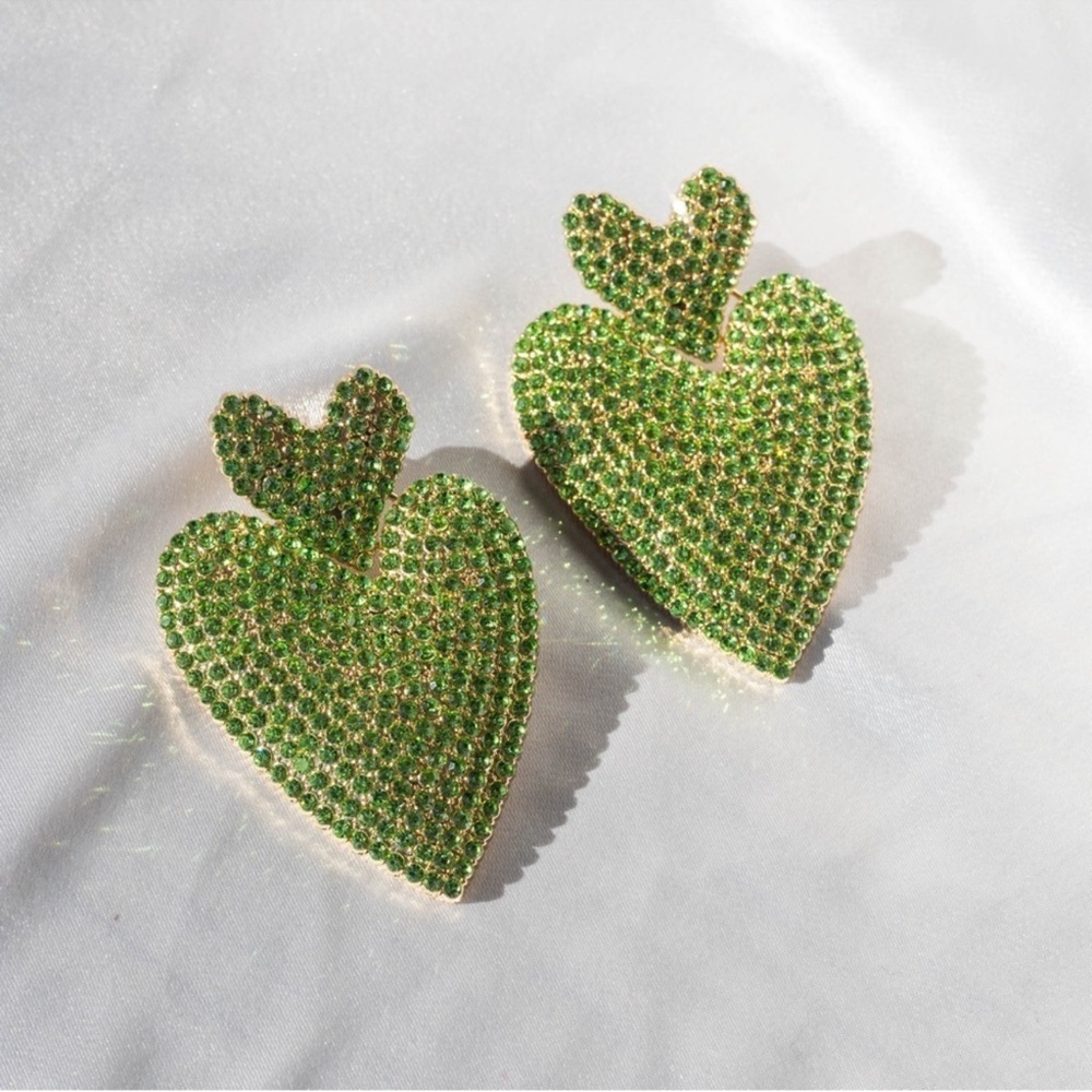 Green Adela Rhinestone Heart Earrings